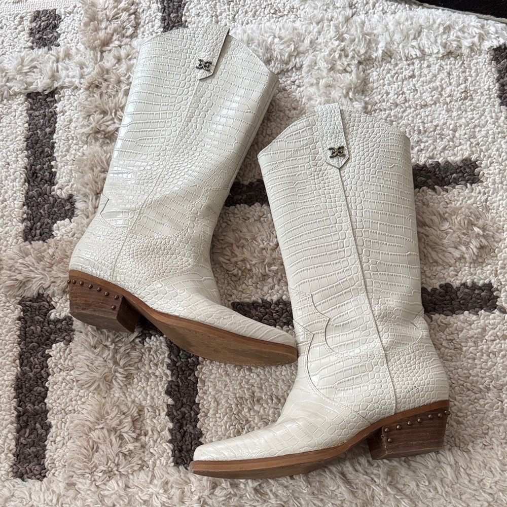 Sam Edelman Tall Alligator White Cowboy Boots “Oakland”